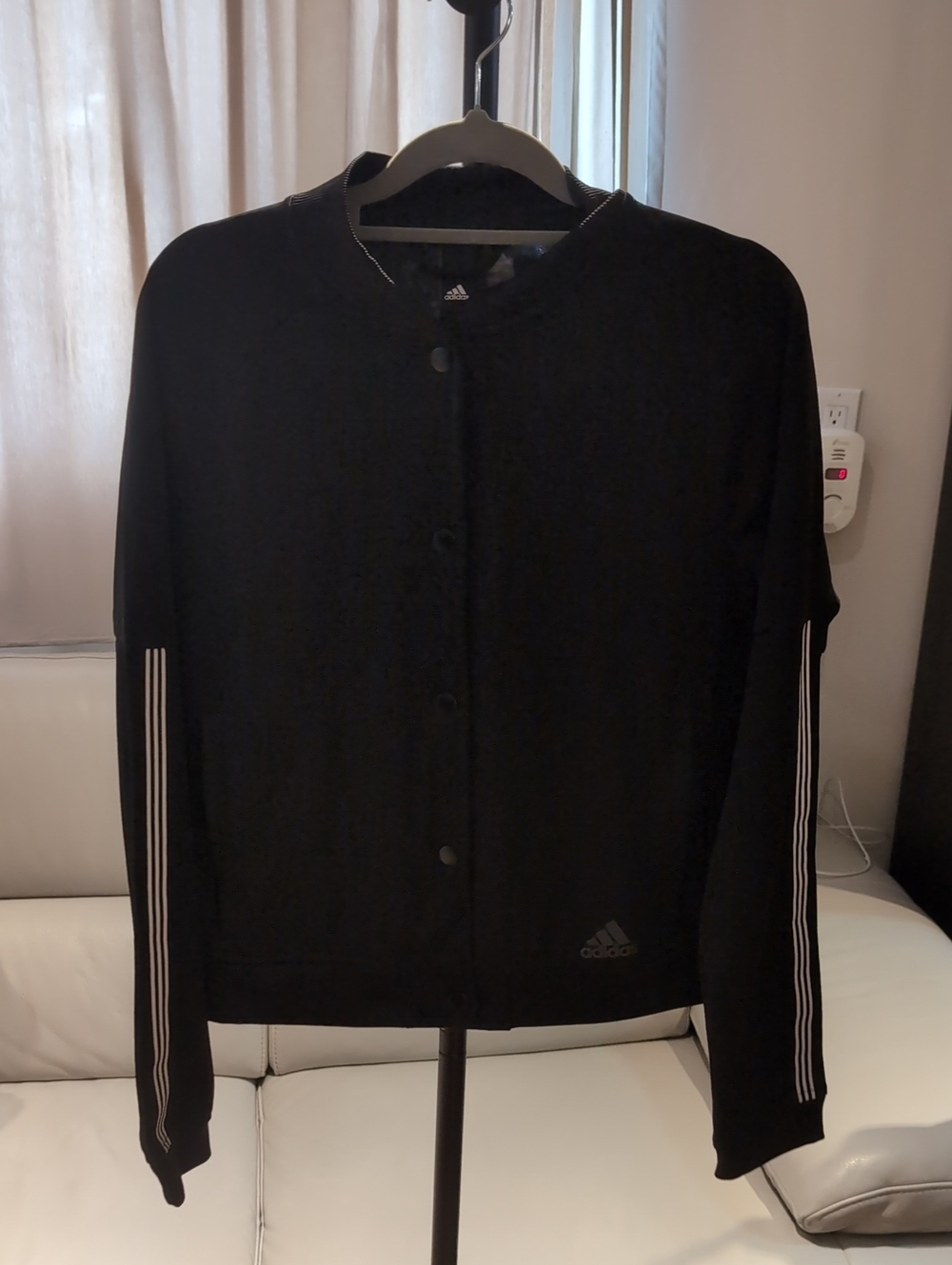 adidas Black Varsity-Style Jacket with White Sleeve Stripes